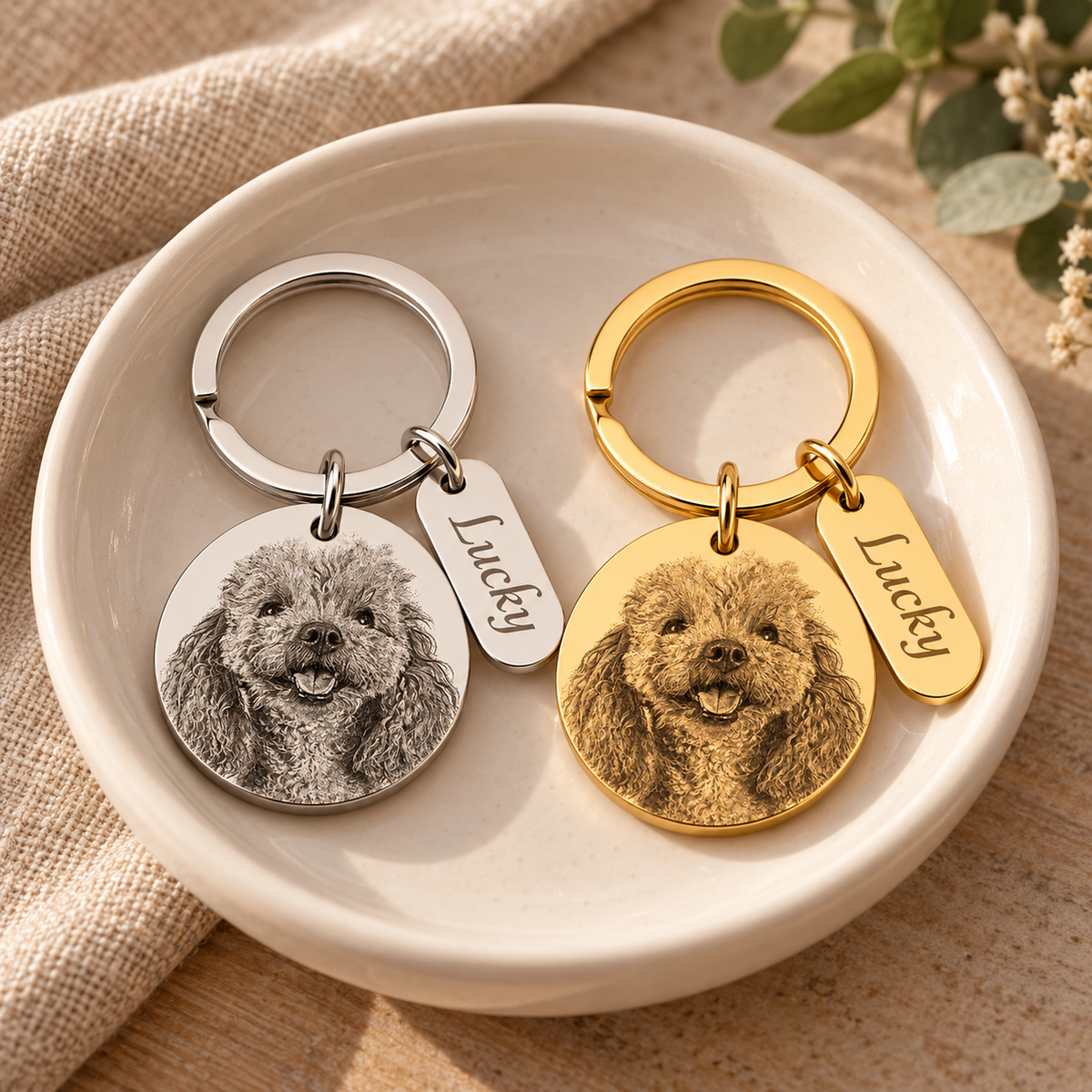 Set of 2 or 3 - Personalized Photo Keychain with Engraved Tag