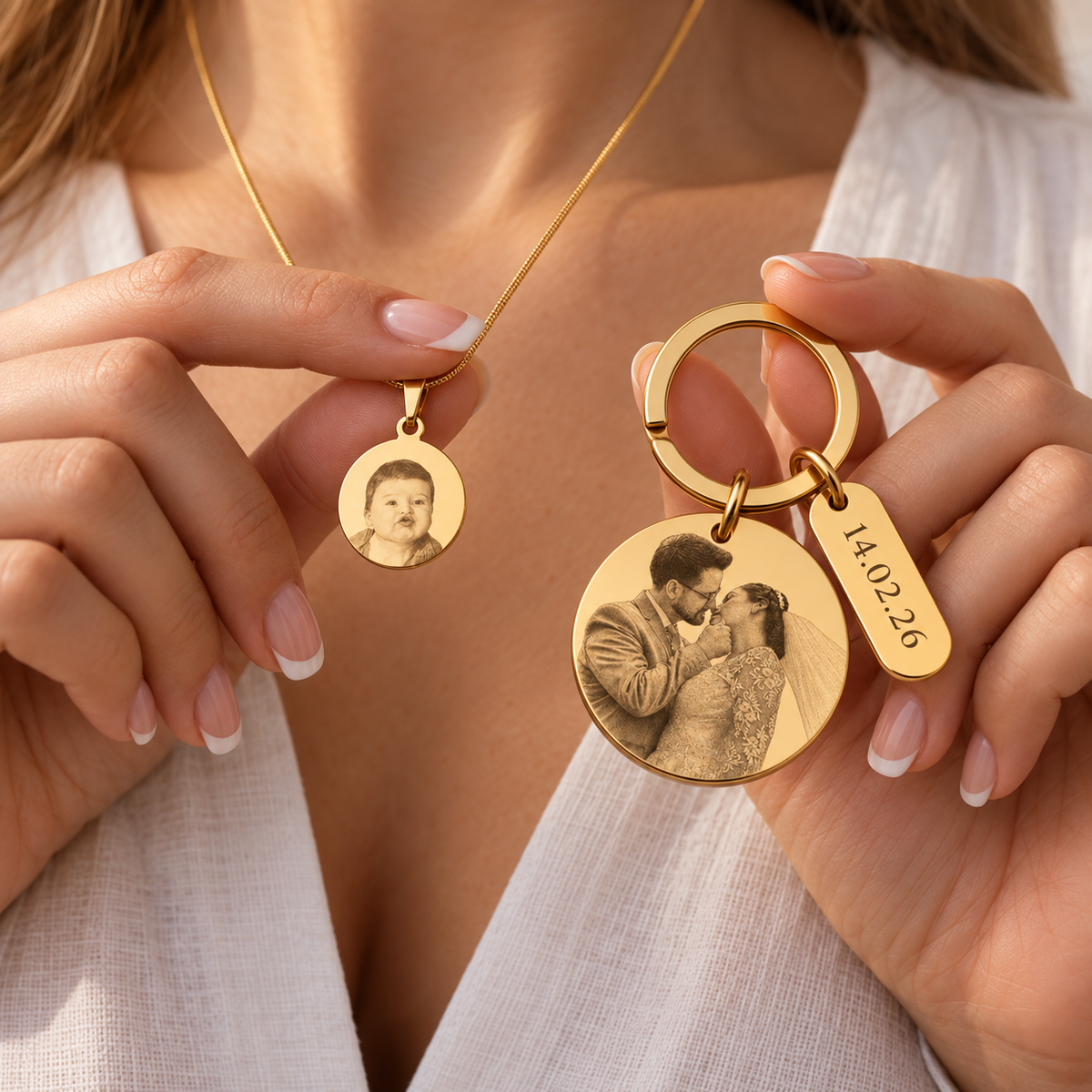 Personalized Women's Necklace (Photo Engraving) + Photo Keychain Set