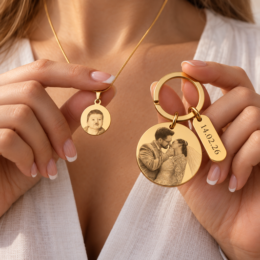 Personalized Women's Necklace (Photo Engraving) + Photo Keychain Set
