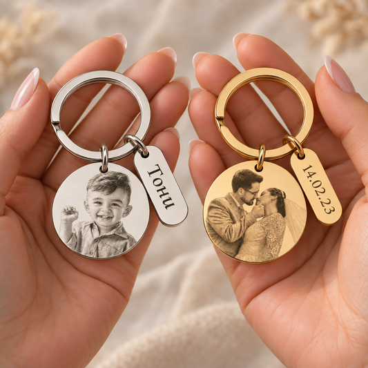 Set of 2 or 3 - Personalized Photo Keychain with Engraved Tag