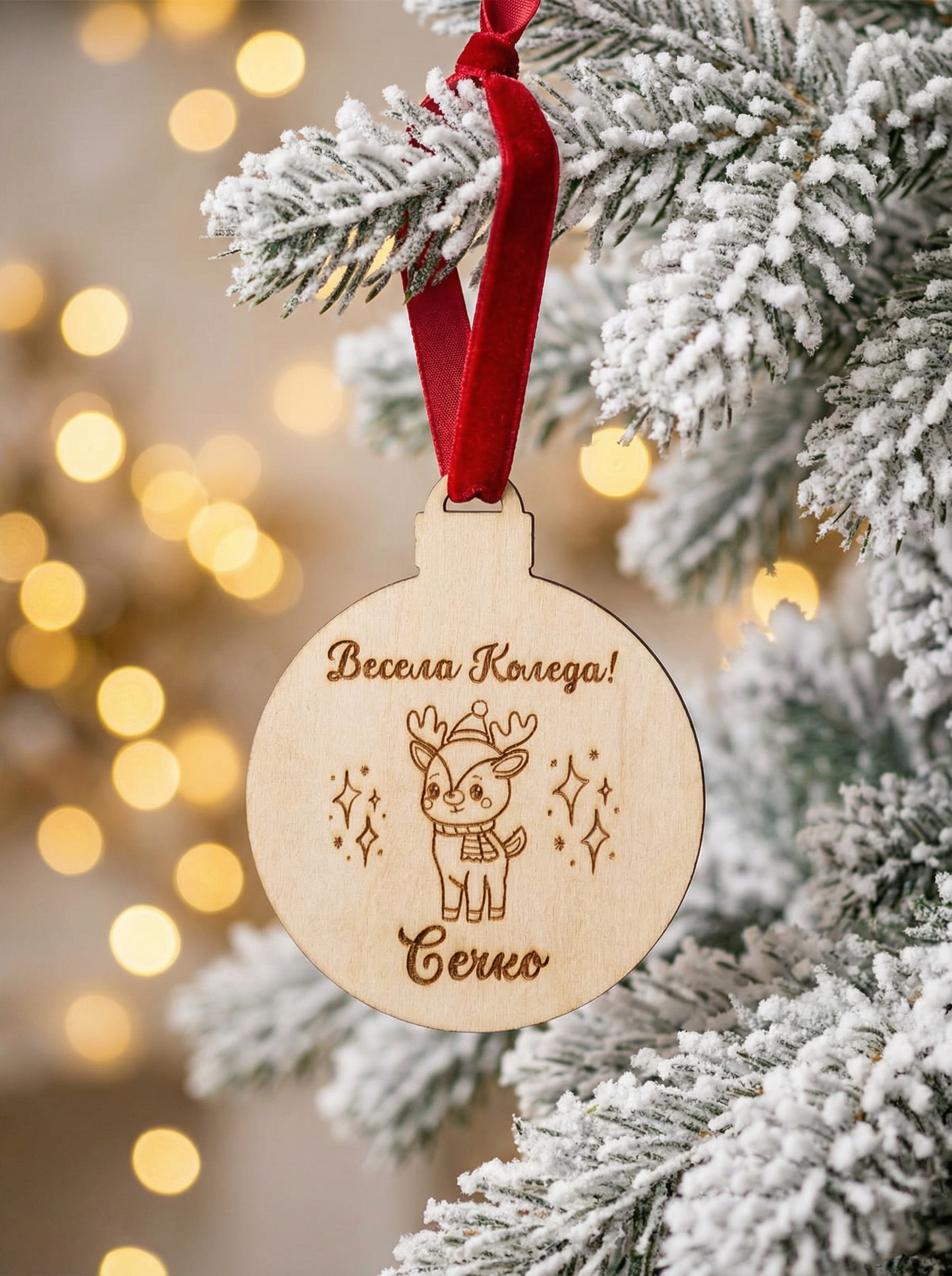 Персонализирана кръгла дървена коледна украса