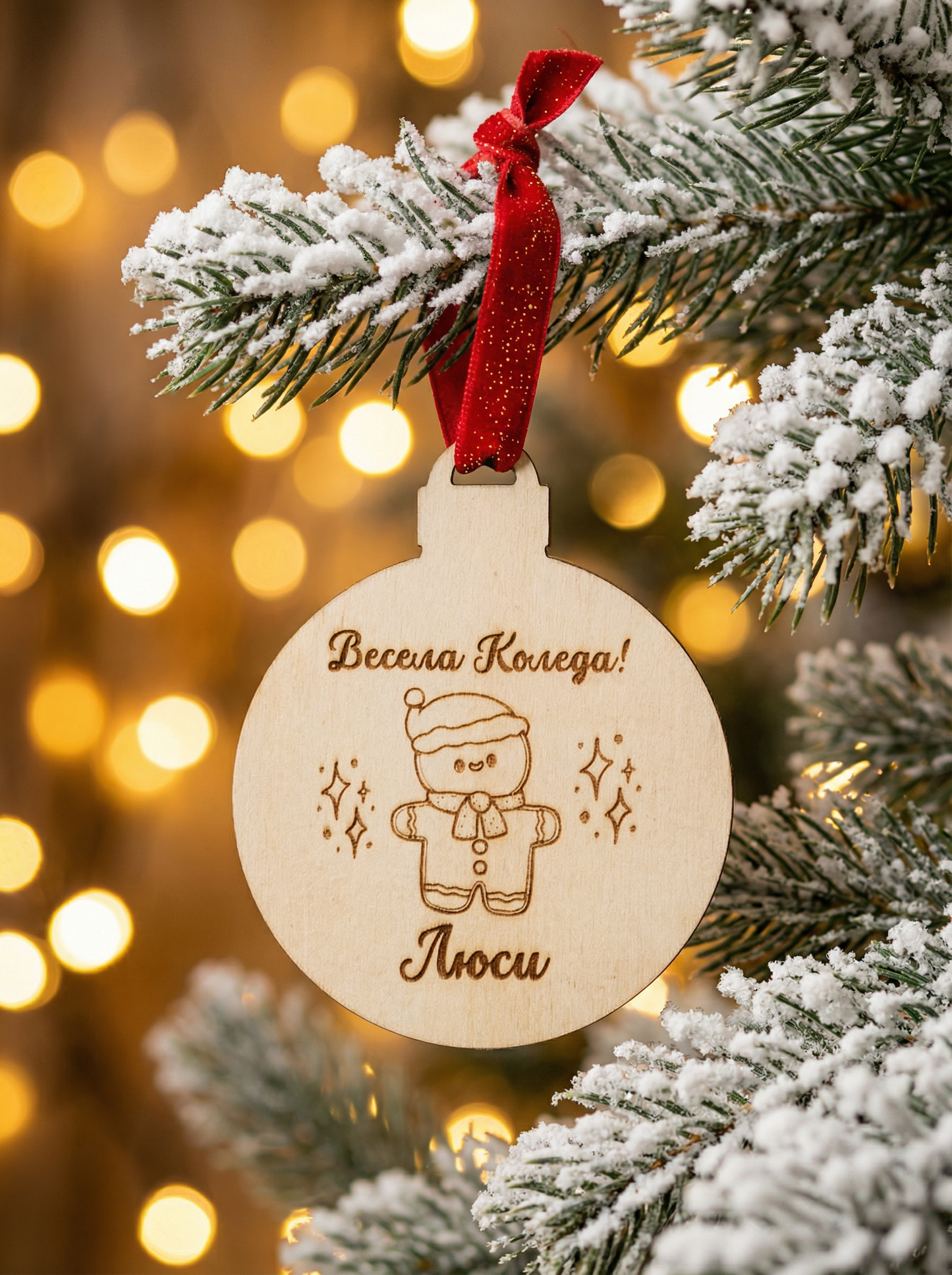 Персонализирана кръгла дървена коледна украса