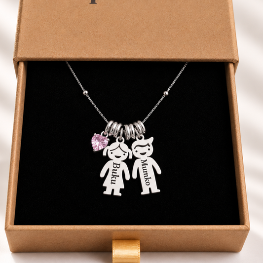 Personalized stainless steel necklace with children's names and a small heart charm  | Kali