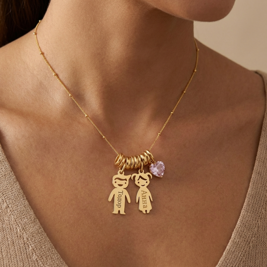 Personalized stainless steel necklace with children's names and a small heart charm  | Kali