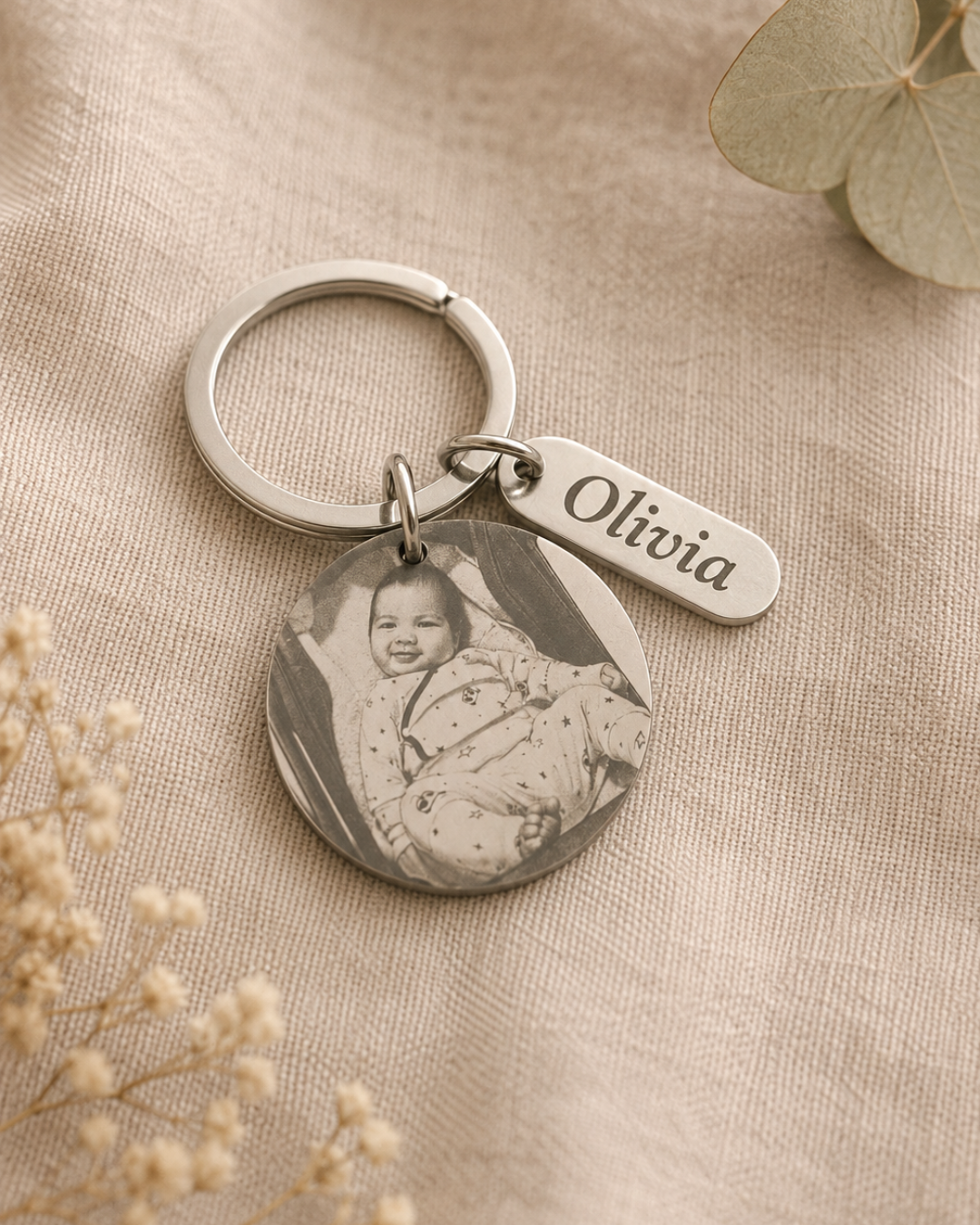 Personalized Photo Keychain with Engraved Tag