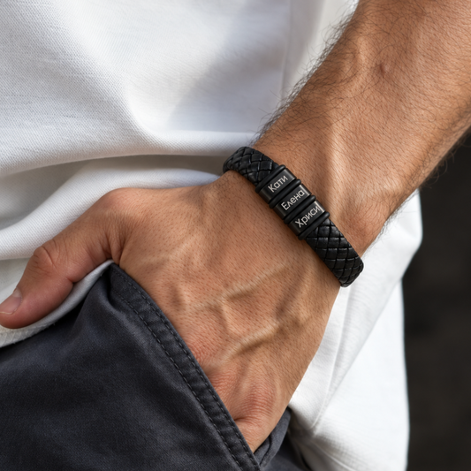 Men’s Braided Bracelet with Custom Engraving | SAGA with 3 pendants