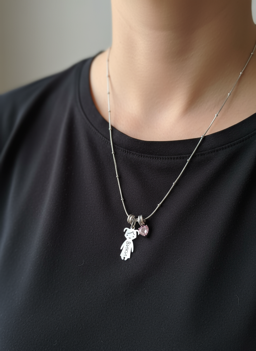 Personalized stainless steel necklace with children's names and a small heart charm  | Kali