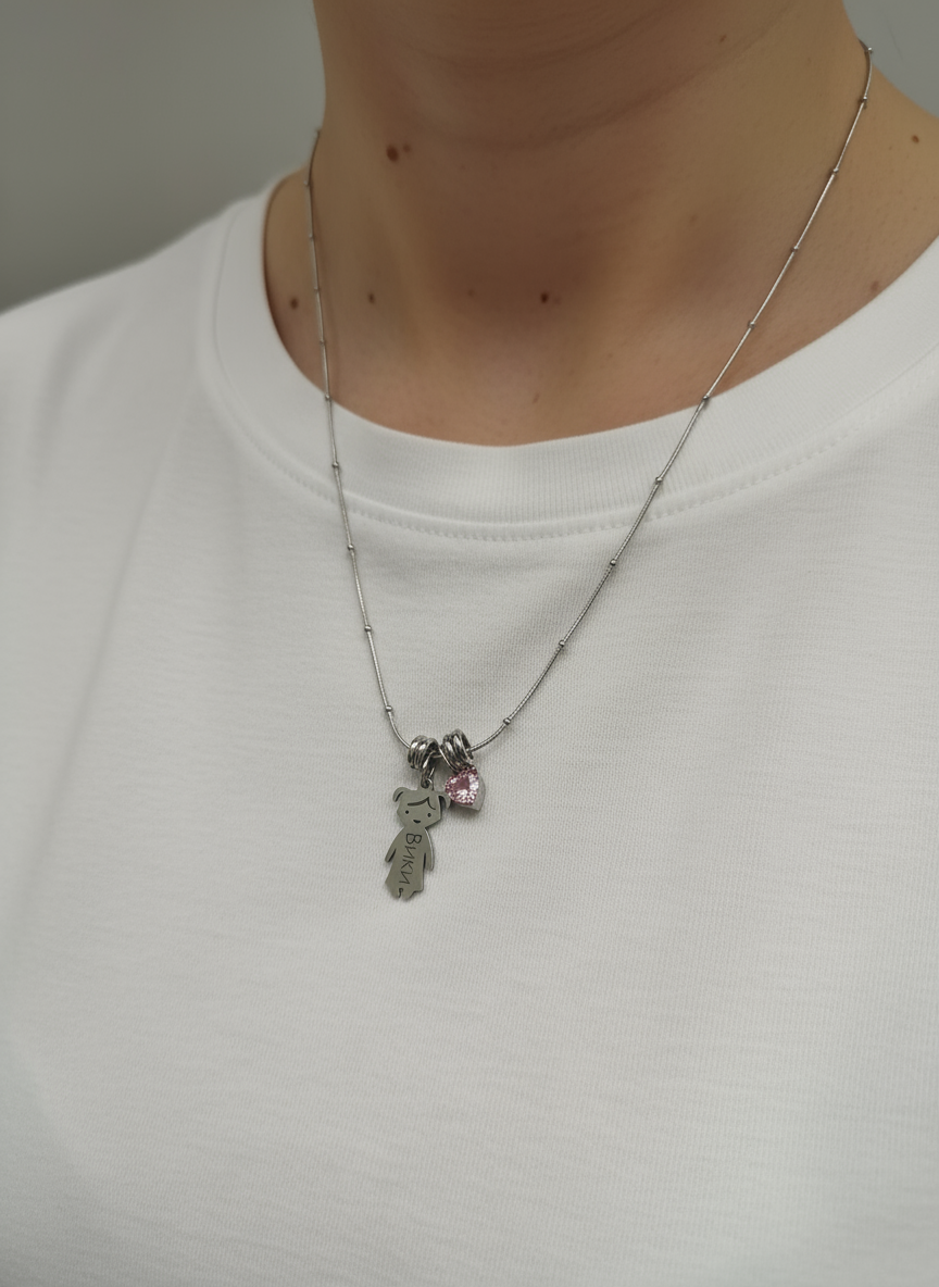 Personalized stainless steel necklace with children's names and a small heart charm  | Kali