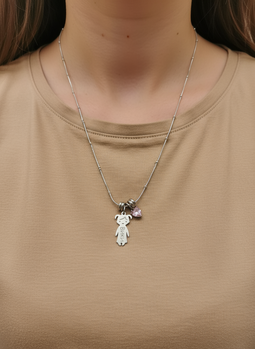 Personalized stainless steel necklace with children's names and a small heart charm  | Kali
