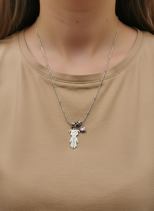 Personalized stainless steel necklace with children's names and a small heart charm  | Kali