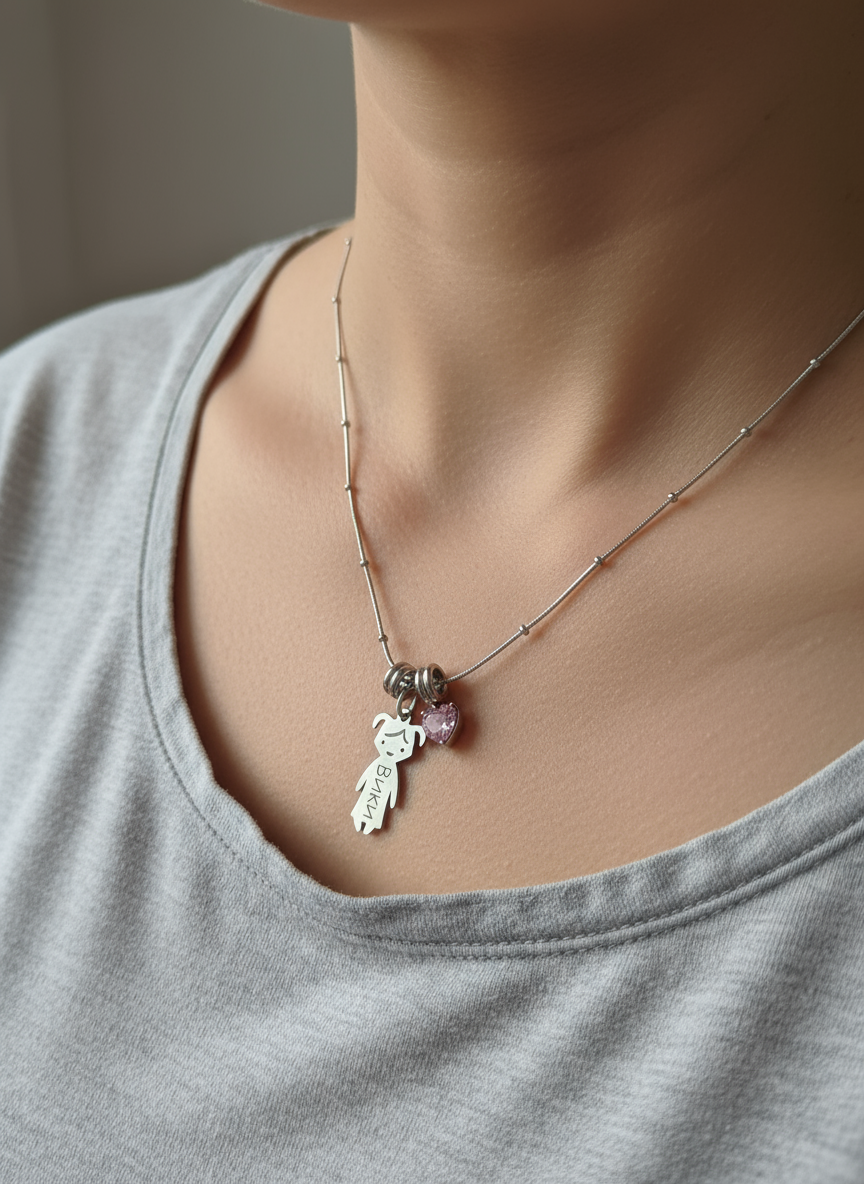 Personalized stainless steel necklace with children's names and a small heart charm  | Kali